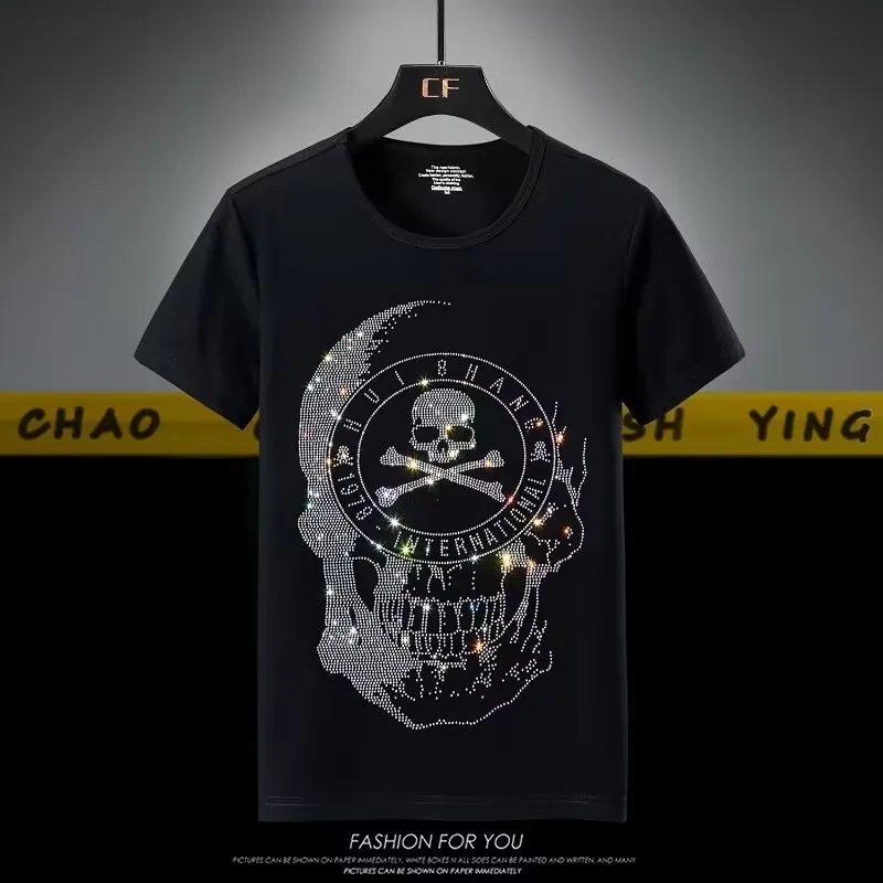 S-6XL Hot Drill Skulls   Fashion  Anime  T-Shirt Casual Men   Rhinestone Design Fabric Soft Comfortable  Top Tees