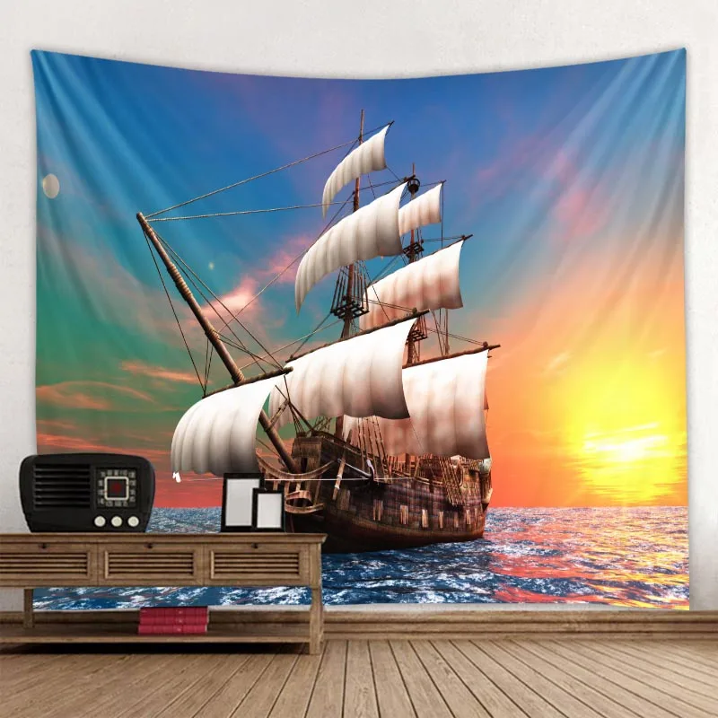 Nautical Tapestry Pirate Ship Wall Hanging Psychedelic  Cloth Decor Aesthetic Living Room Bedroom Home  