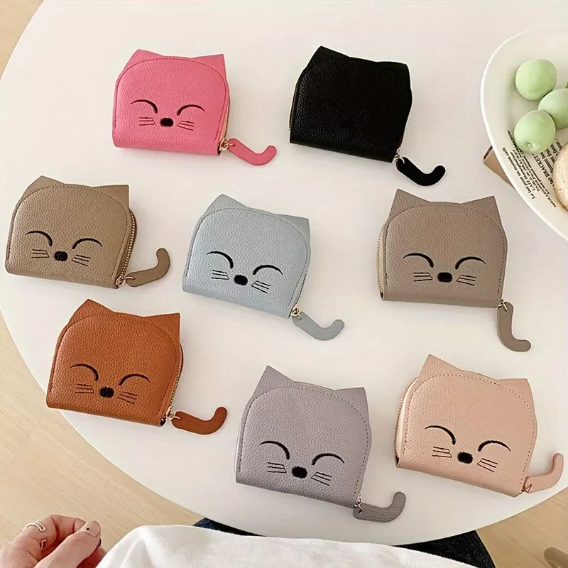 Cute Cat Women Wallet PU Leather Mini Purse Multi-slot Credit ID Card Holder Cartoon Business Card Case Zipper Coin Bags Clutch