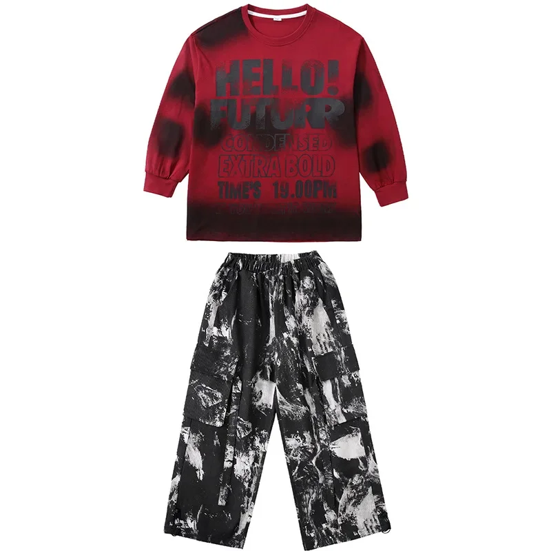 Kind Kpop Hip Hop Kleidung Rote Buchstaben Sweatshirt Casual Strap Print Cargo Hosen für Mädchen Junge Street Dance Tragen Kostüme Kleidung
