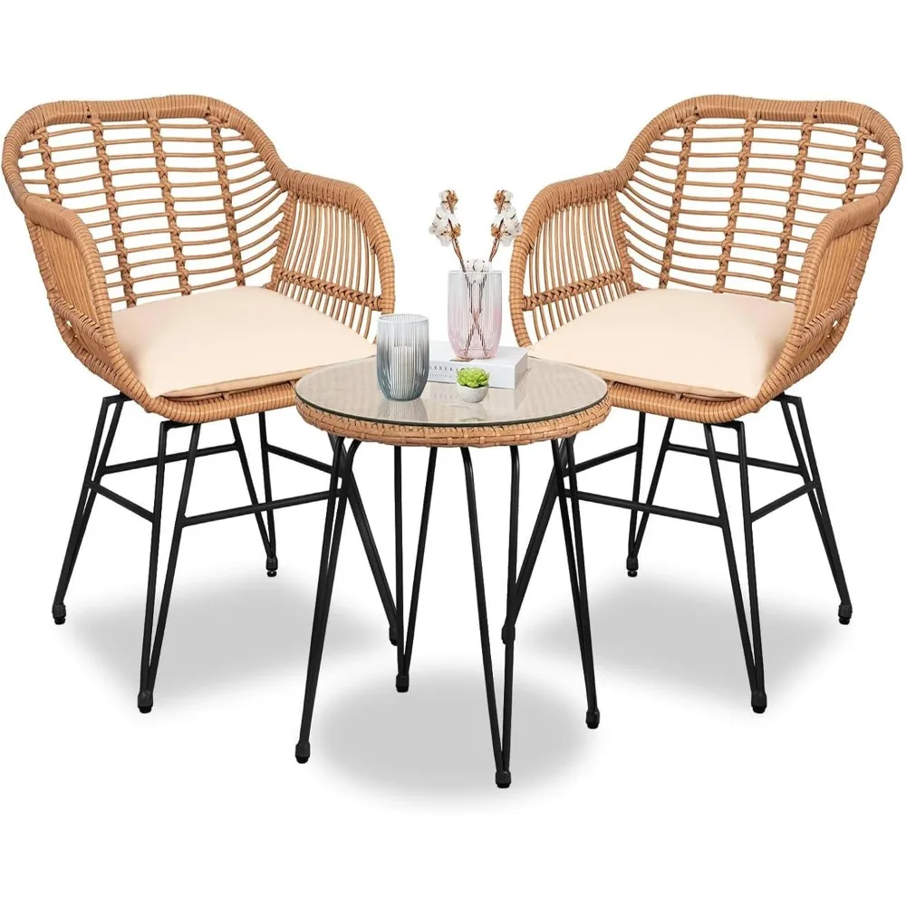 

3 Pieces Outdoor Wicker Bistro Patio Furniture Set, Porch Furniture Rattan Conversation Sets with Side Table and Cushions for G