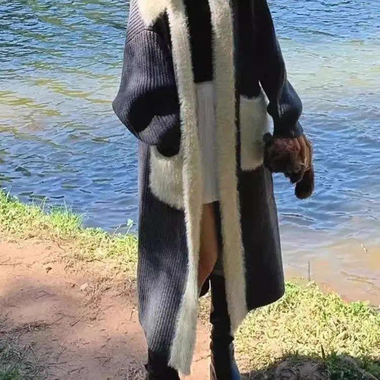 2025 New Style Lazy and Loose Patchwork Synthetic Felt-Like Fur Winter Long-Sleeved Cardigan