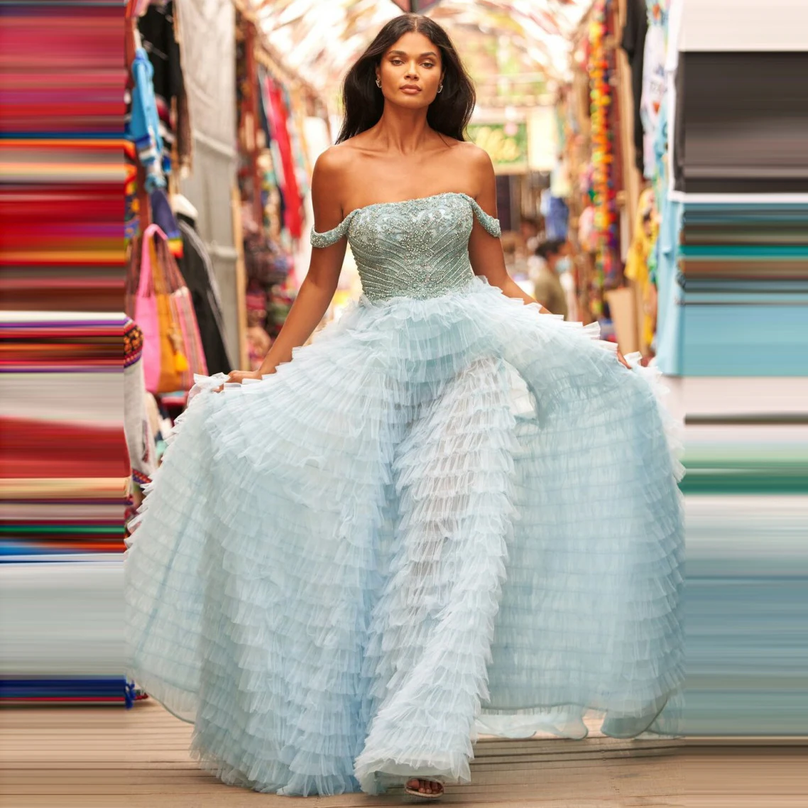 Off Shoulder Tulle Ball Gown Layered Sequins Dress A-line Evening Dresses Sky Blue Prom Dress Beaded Applique Dress With Slit