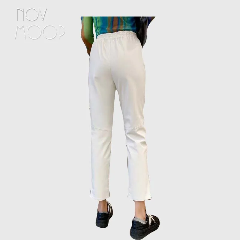 Novmoop sheepskin genuine leather women ankle length pants metal button decoration Italy chic style LT3572