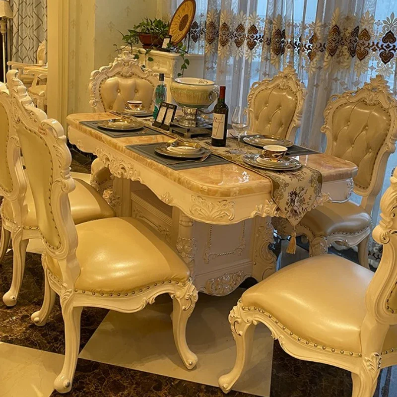 Luxury Marble Dining-Table Storage Rectangular Solid Wood Carved Natural Restaurant One Table Four/Six Chairs Combination