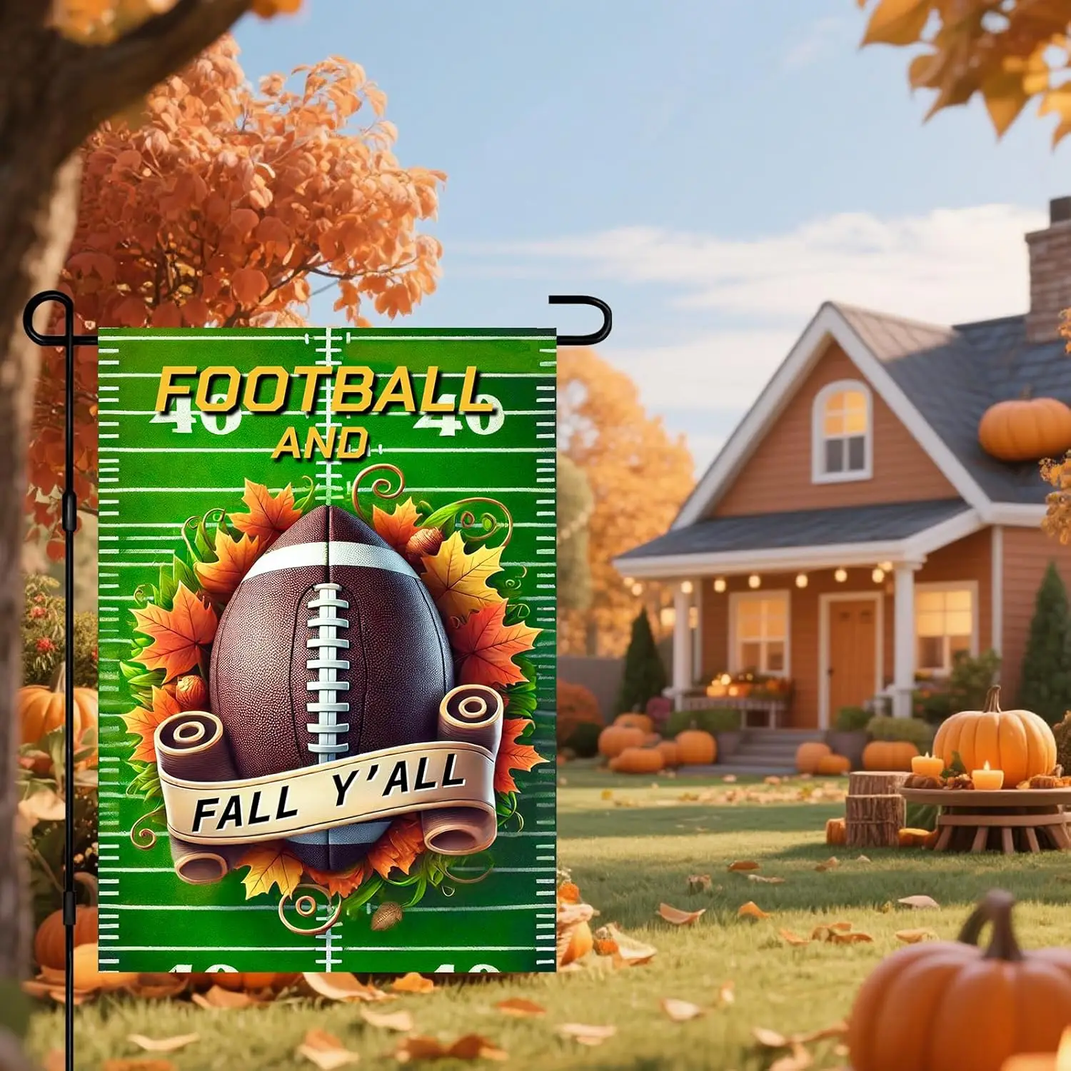 Fall Football Garden Flag 12x18 Inch Autumn Football on Field Outdoor Yard Flag Double Sided Welcome Banner with Maple Leave UUX