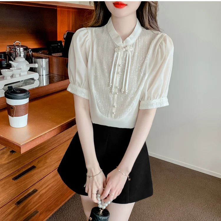 

Summer French Sequin Bubble Sleeve Blouse