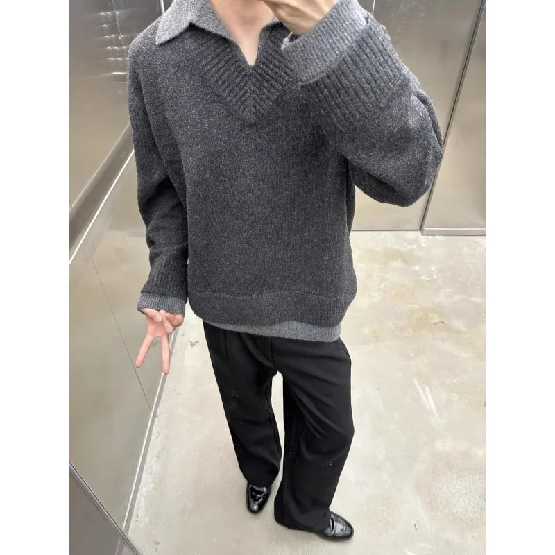 

Легкий свитер из двух частей в зрелом стиле, мужской осенне-зимний повседневный однотонный вязаный свитер с многослойной основой для поездок на работу
