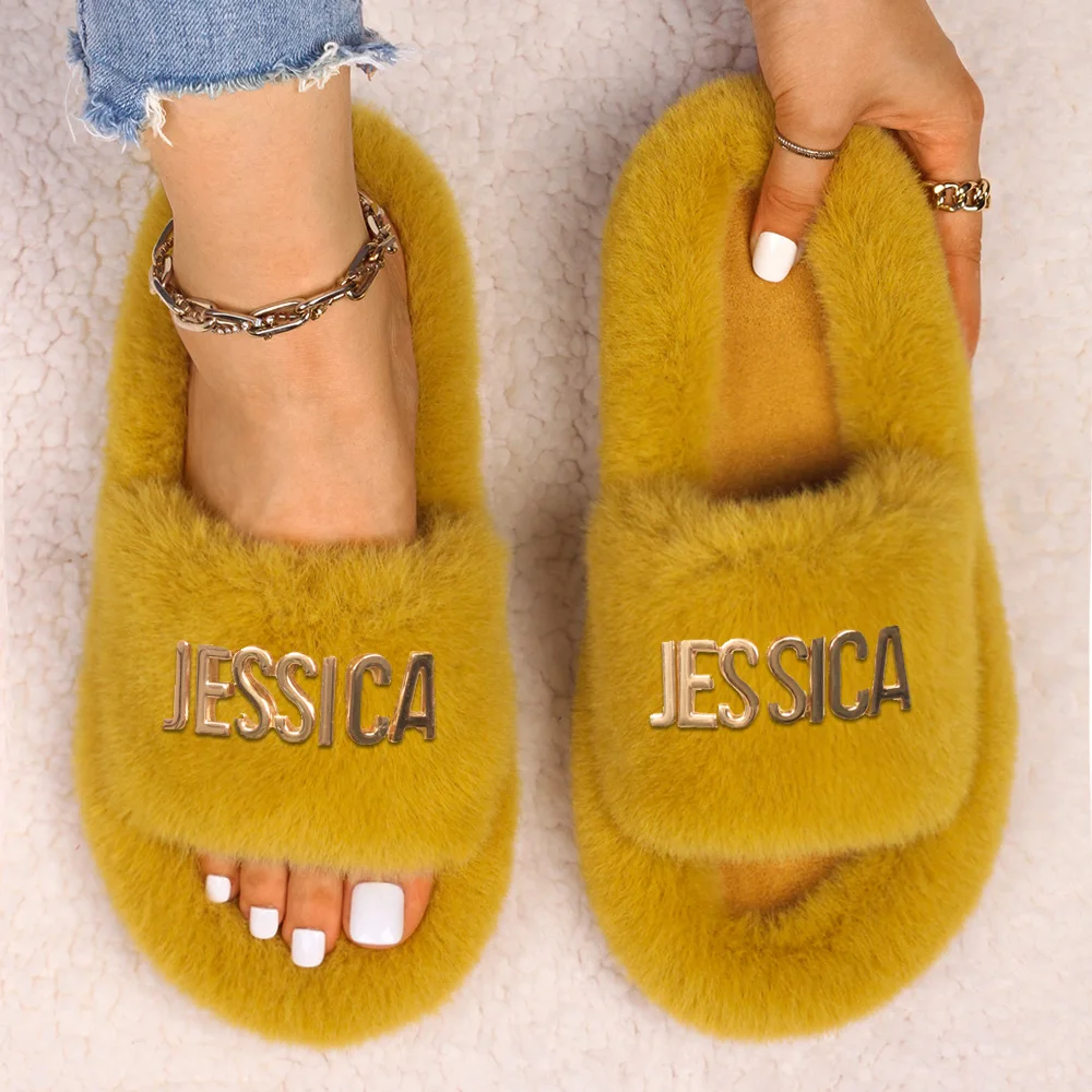 Women\'s Slippers Fluffy Flip Flops Furry Slides Letter Decor Flat Faux Fur Sandals Customized Personalized Gift Custom Name