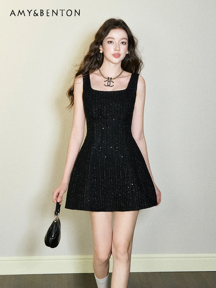 

French Temperament Socialite Tweed Square Collar Sleeveless Dress for Women Summer New High Sense Elegant Princess A-line Dress