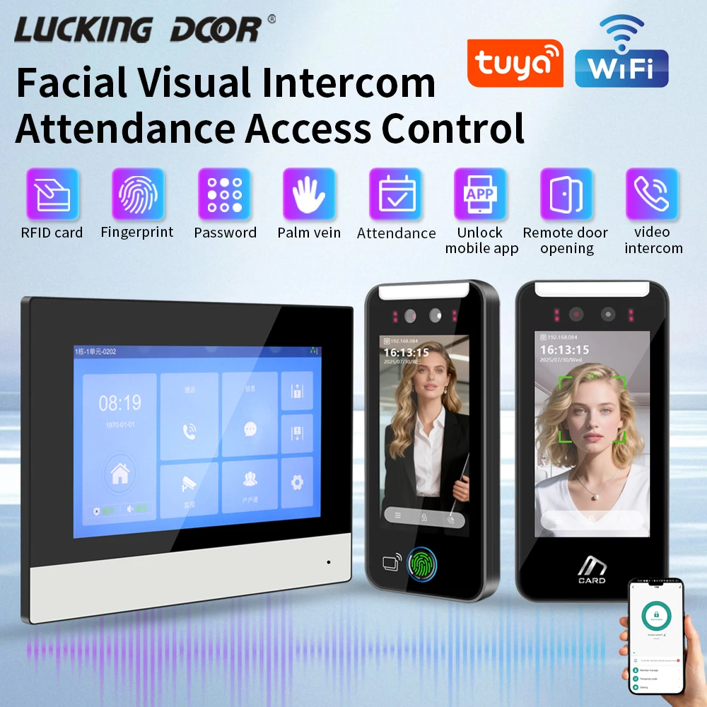 

LUCKING DOOR TUYA APP WIFI Facial Palm Vein Visual Intercom For 7inch Monitor Password & RFID Card System Attendance System