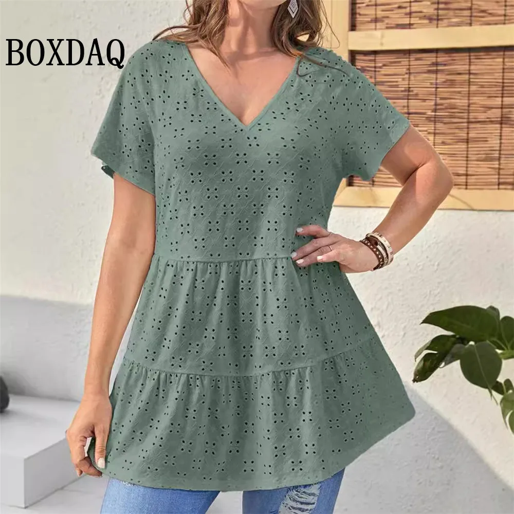 2024 Summer Blouses Women New Casual V-Neck Hollow Out Short Sleeve Shirts Female Vacation Solid Loose Fashion Patchwork Tops