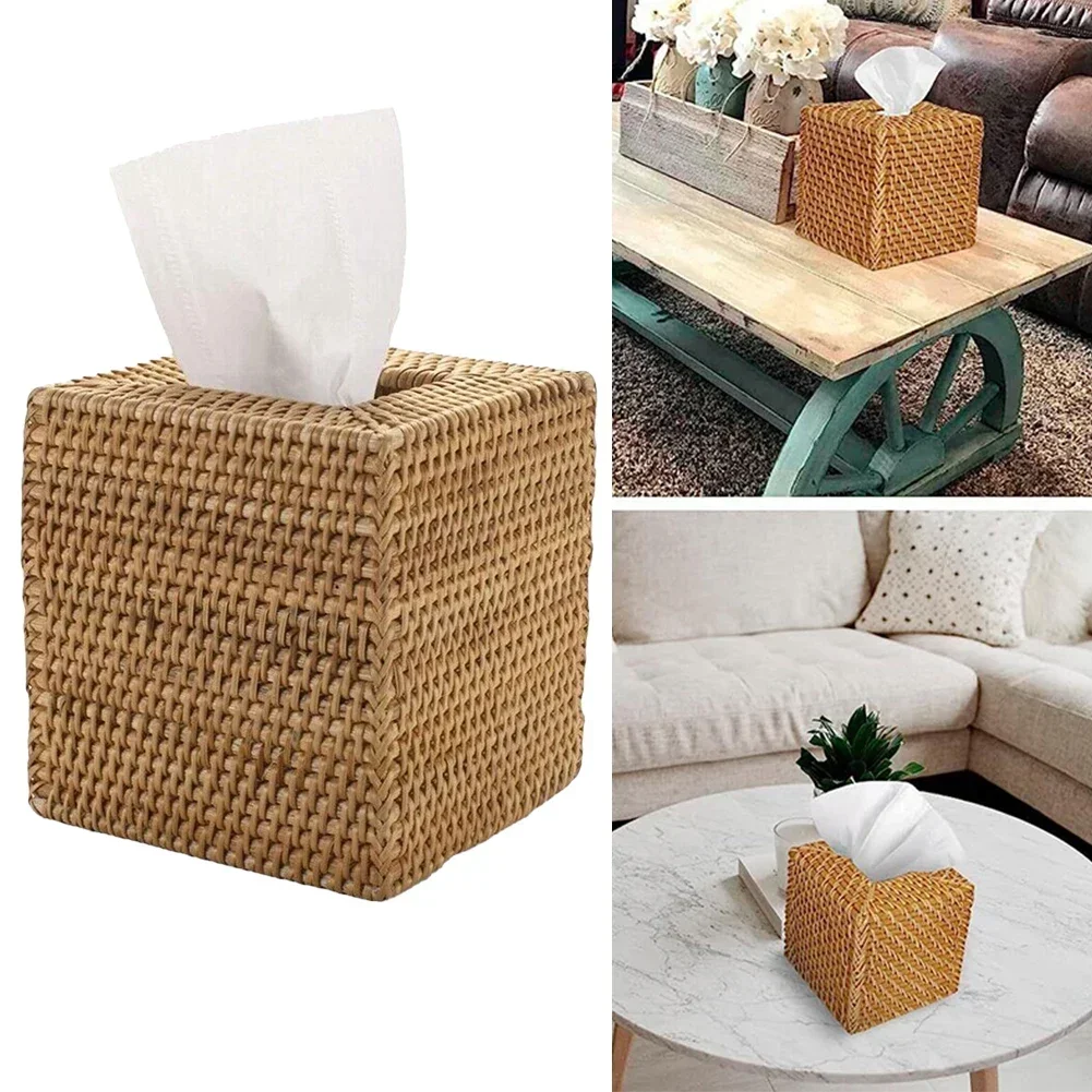 Square Rattan Tissue Box Cover Hand Woven Wicker Tissue Holder 5.7x5.7x5.7 In Living Room Desk Decoration Vintage Napkin Holder