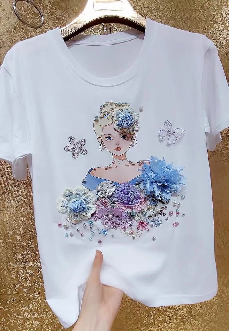 Korean Style Luxury Heavy Industry Beaded Purple Blue Bow Rhinestone Cartoon Flower Crystal Rhinestone Cotton T-shirt Pullovers