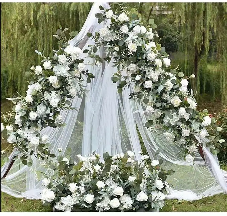 5D Hochzeits-Hintergrund Blumenarrangement Grüner Eukalyptus Olivenblatt Weiße Rose Bogen-Dekoration Hängende Blumenreihe Tisch-Mittelstücke Kugel – Detail 8