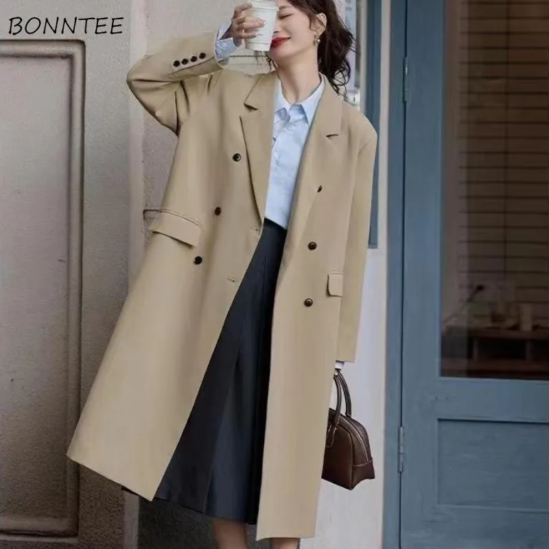 Long Style Blazers Women Solid Color Windbreak Double Breasted Korean New All-match Simple Casual Pockets Soft Streetwear Chic