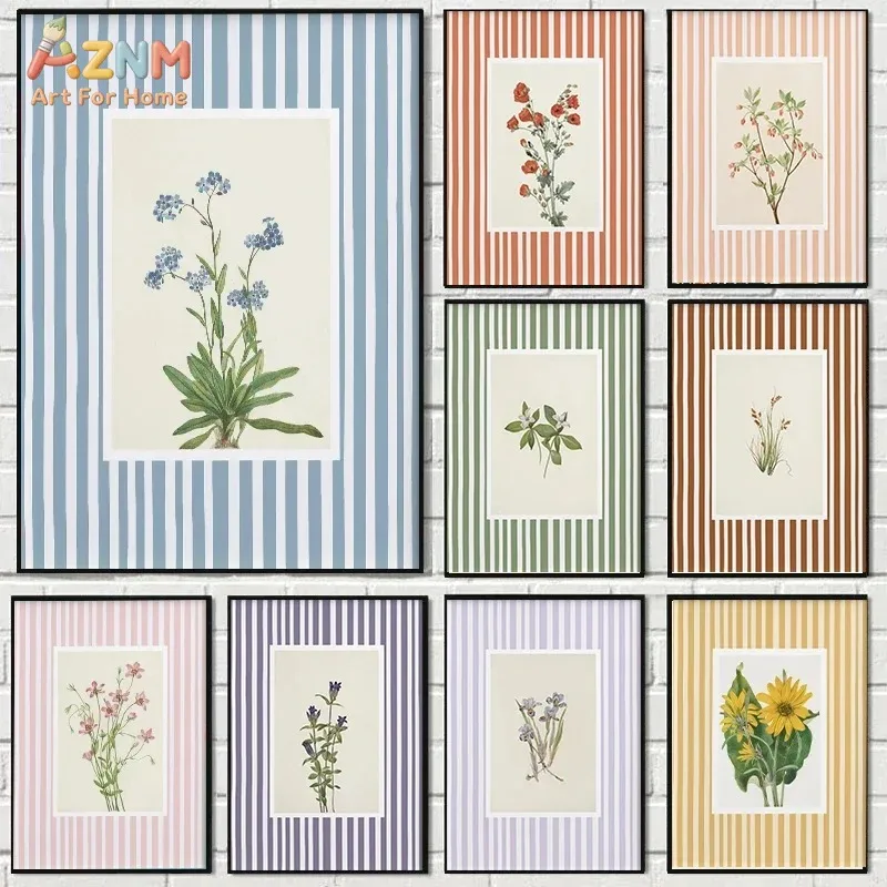 Blue Lily of The Valley Plant Striped Canvas Print Sunflower Pomegranate Garden Wall Art Poster Modern Living Room Home Decor