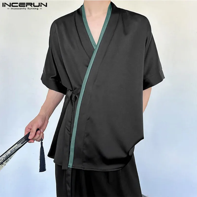 

INCERUN Men Shirt Patchwork V Neck Short Sleeve Lace Up Cardigan Male Kimono Streetwear 2024 Summer Casual Men Clothing S-5XL