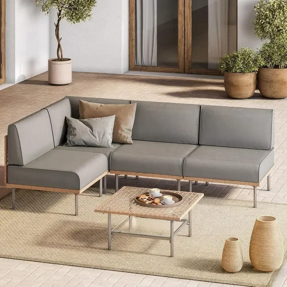 Grey 5-Piece Outdoor Patio Sectional Sofa Set with Washable Cushions and Tempered Glass Table