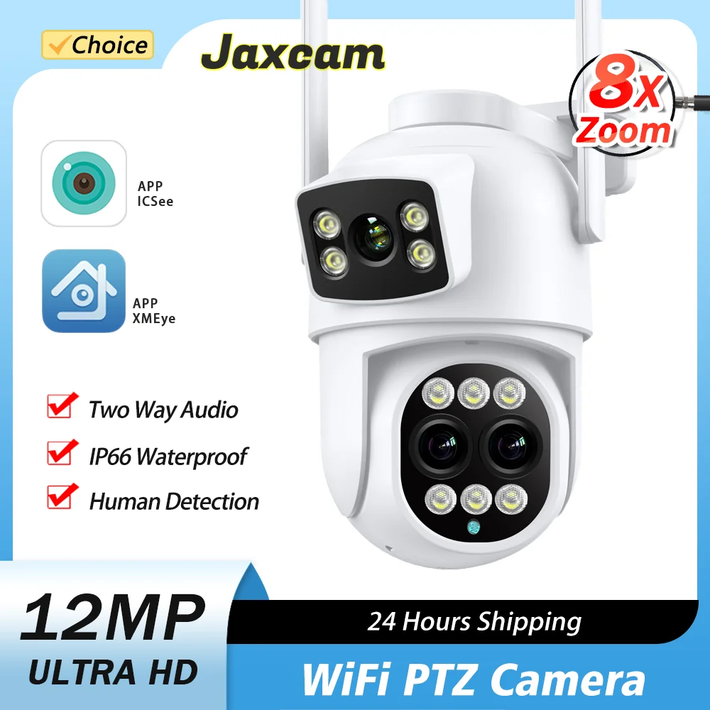 

12MP 6K 8X Zoom Outdoor WIFI Camera Three Lens Dual Screens PTZ Video Cameras Human detection Security CCTV Surveillance Camera