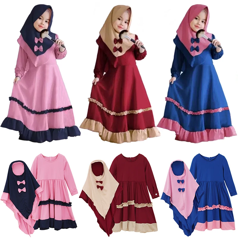 2024 Baby Girls Eid Muslim Long Party Dress + Scarf Clothing Set Spring and Autumn Festival Arab Style Kids Traditional Clothing