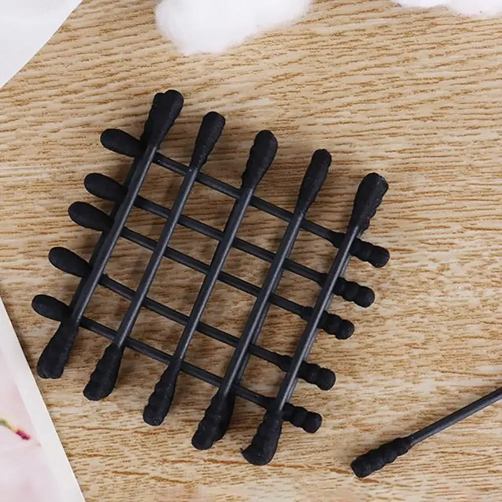 200 stücke Einweg Baumwolle Tupfer Spirale Ohr Reiniger Schwarz Doppel Köpfe Medizinische Tupfer Lippenstift Augenbraue Wimpern Baumwolle Knospe Make-Up-Tool