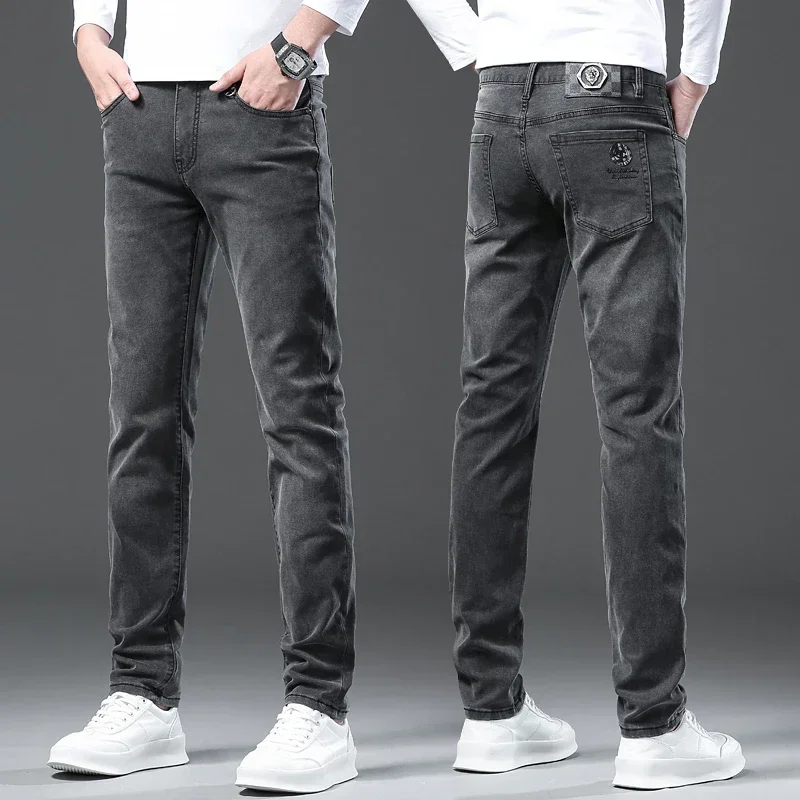 2024 spring high-end affordable luxury printed men's jeans trendy slim fit skinny casual fashion business trousers