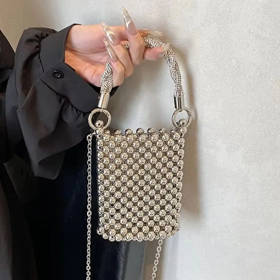 

Beaded Woven Mobile Phone Handbag for Women New Stylish Exquisite Metal Sheen Versatile Female Chain Crossbody Shoulder Bag
