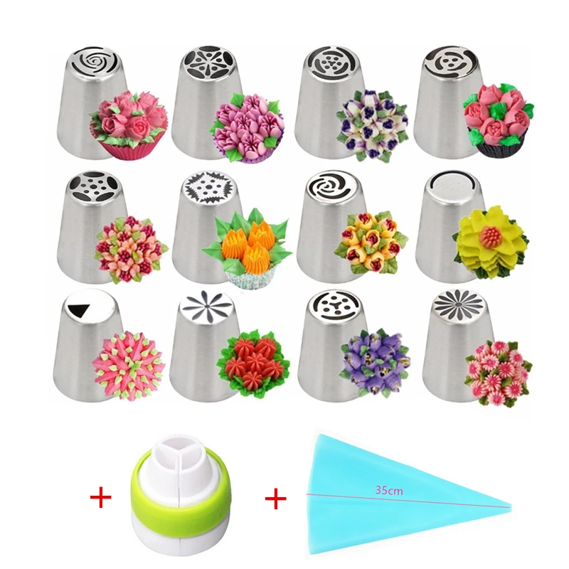 14Pcs Russian Flower Piping Tips Set 12 Flower Frosting Nozzles Icing Tips Baking Icing Bags and Tips Set Cake Decorating Kit