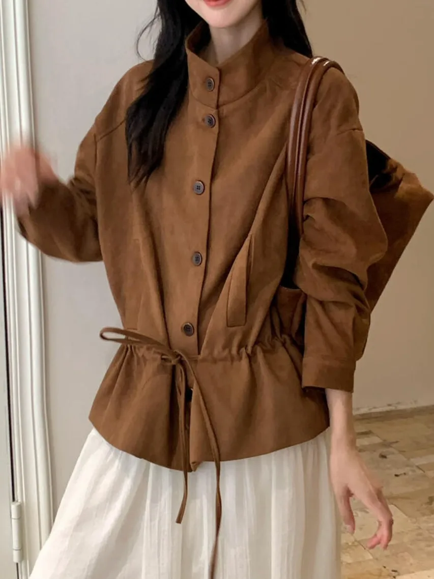 

Ele ort Suede Jaet Women's Autumn Winter Retro Stand Collar Button Design Dstring Trendy Top Korean Sle Loose Fit