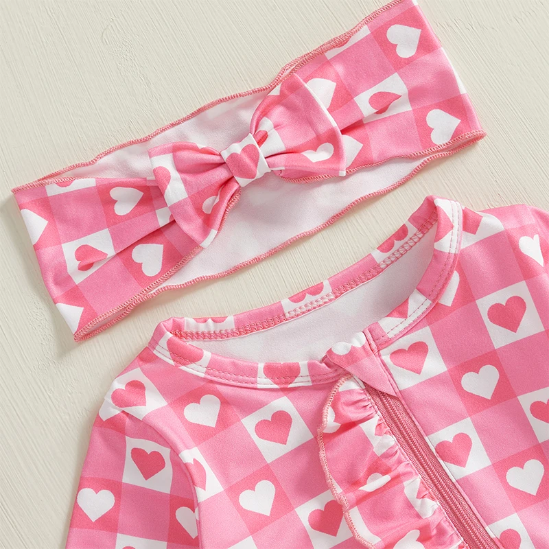 Completi autunnali per neonata Love Heart Plaid Pattern Ruffles Girocollo Manica lunga Zip Up Pagliaccetto neonato con fiocco Fascia per capelli Set da 2 pezzi