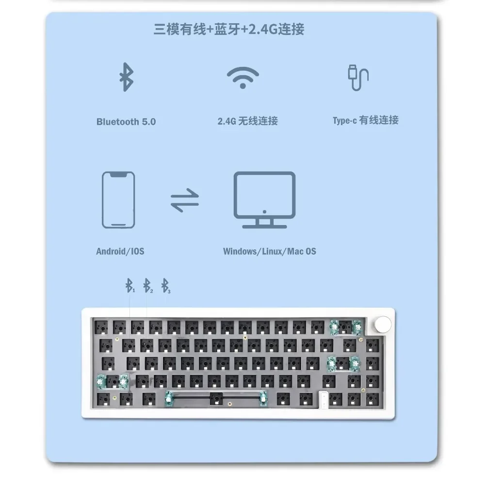 ARO66-Tri-Mode Teclado Mecânico Bluetooth Sem Fio, RGB Gaming Kit Teclado, Hot Plug, Junta Estrutura, Mahjong Botão de Chave Tone, 68 Chaves