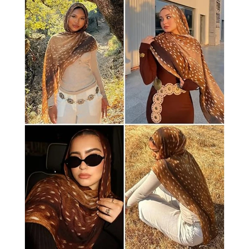 Bohemian Deer Print Hijabs Women Watercolour Shawl Soft Muslim Hijabs Modal Cotton Lightweight Wrap Autumn Headscarf Ramanda 5