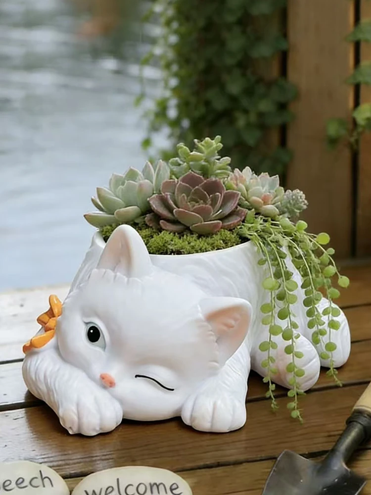 Kreativer Zwinkernder Katzen-Keramiktopf für Sukkulenten Niedlicher Tierförmiger Blumentopf mit Fliege für Heim Garten Balkon Deko Geschenk – Detail 2