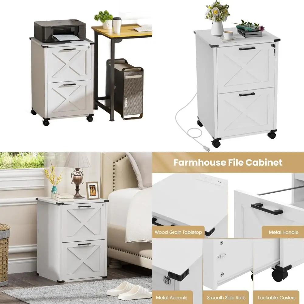 

Белый комплект мебели для домашнего офиса: запираемый шкаф для документов, тумбочка для зарядки, боковая папка с 2 ящиками, подставка для хранения принтера