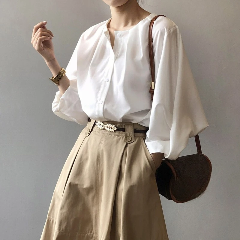 Spring Autumn Vintage Lantern Sleeve Women's White Blouse 2025 New Single Breasted O-neck Casual Loose Office Shirts Tops Female