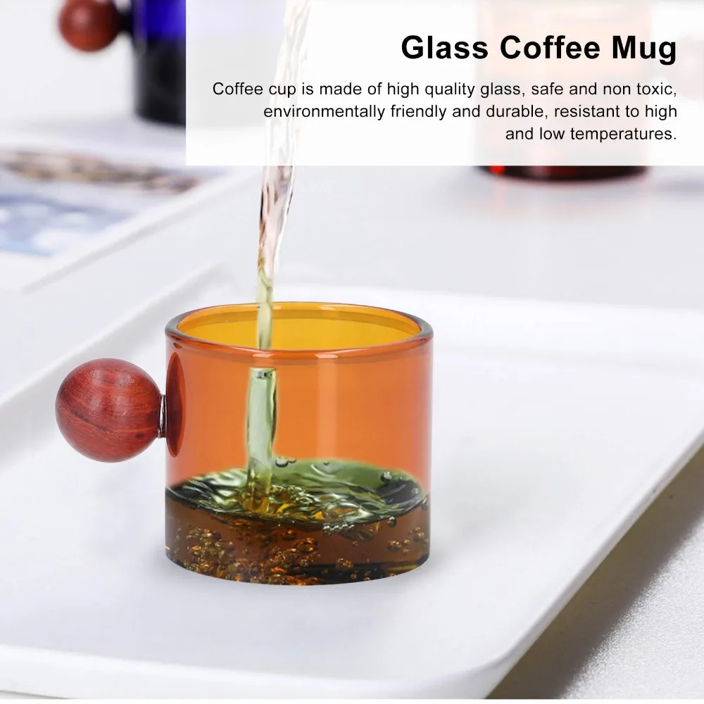 Mini Size Vintage Style Glass Coffee Cup 3.7oz Capacity Heat Resistance Glass Coffee Mug Wooden Ball Handle Glass Mug Coffee