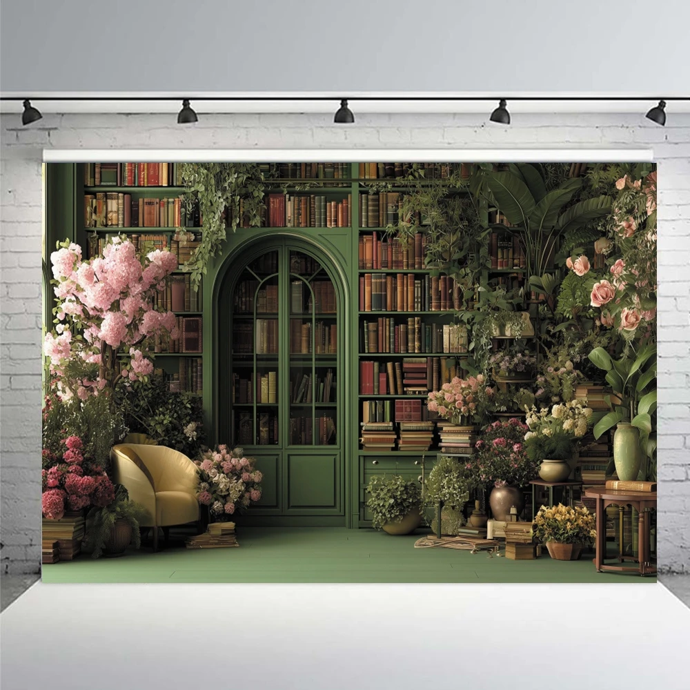 Garden Retro Bookshelf Photography Backdrop Spring Easter Flowers Girls Back To School Learning Portrait Decor Photo Background