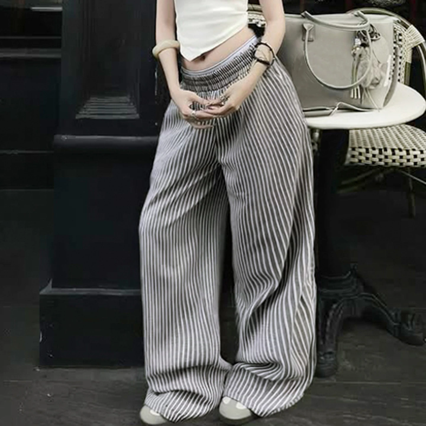 SUCHCUTE Textured Woven Elastic Waist Pants Low Waist Striped Wide Leg Trousers for Daily Summer Women Casual Straight Pant Y2K