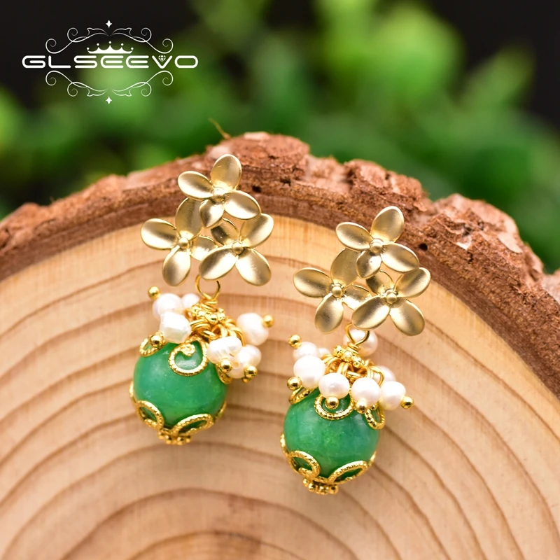 GLSEEVO Natural Green Jade Drop Silver 925 Earrings For Wife Mother Women Luxury Gift Fresh Water Pearl Ethnic Jewellery GE0931A