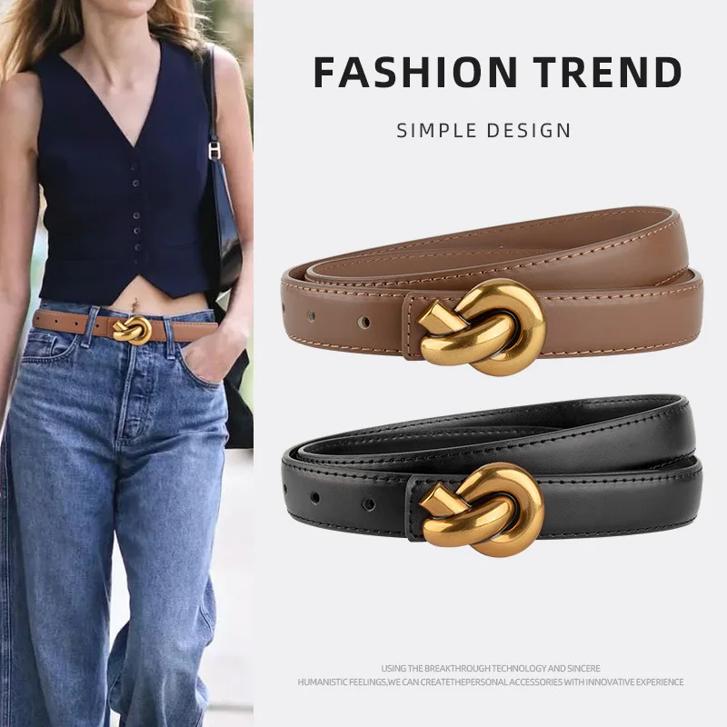 レディースツイストバックル細ベルト、高級ファッション、ジーンズ、スカートに合わせて、トレンディな個性的なベルト