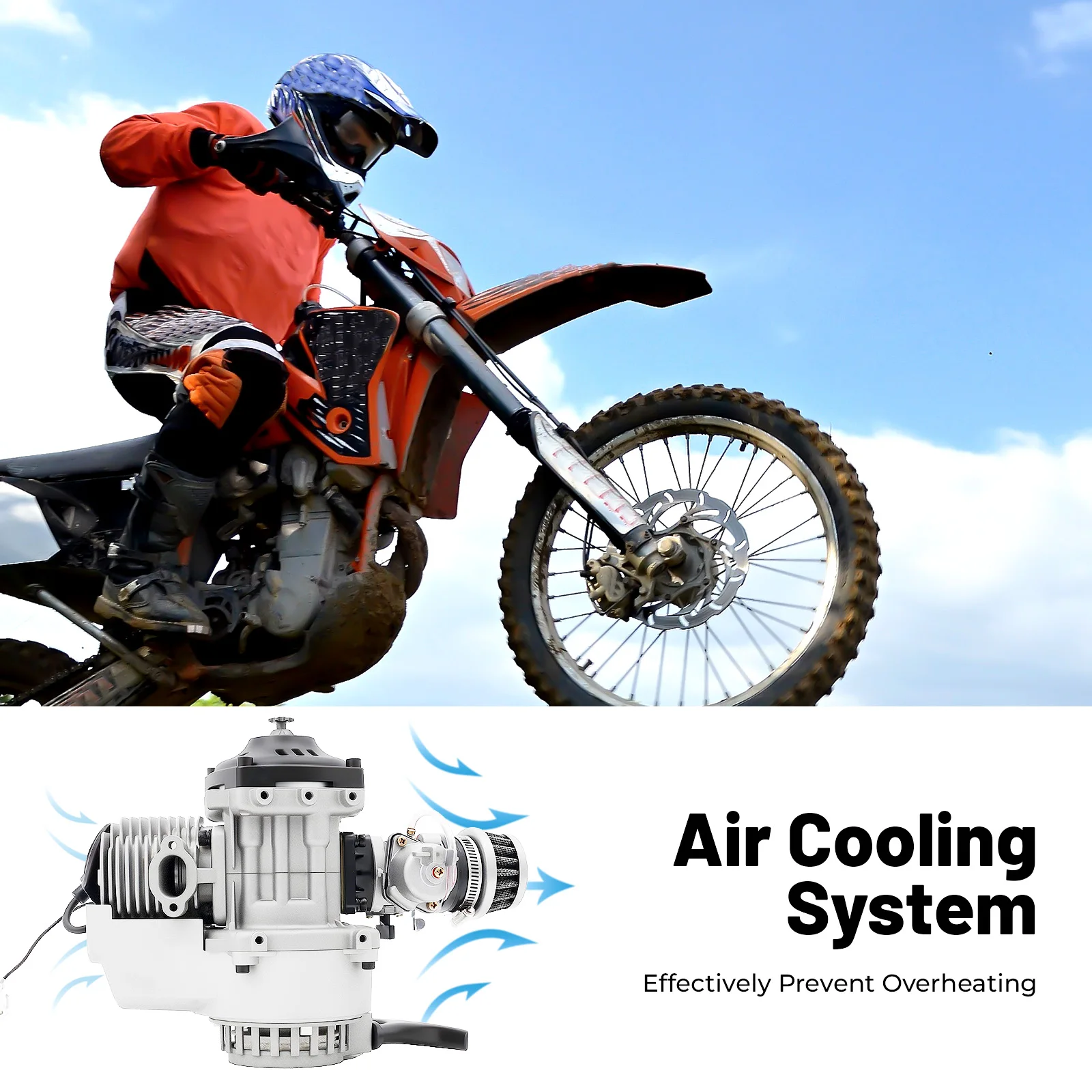 

49cc Engine Motor for Dirt Bike Cross Pocketbike High Power 3PS 2-Stroke Single Cylinder Air Cooled with Hand Pulled Starter