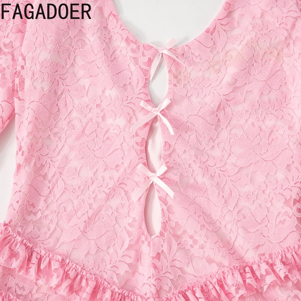 FAGADOER Pink Lace One Pieces Rompers Women Sexy Hollow Bow Patchwork Ruffle Ruched Bodysuits Overalls Hot Girl Party Clubwear