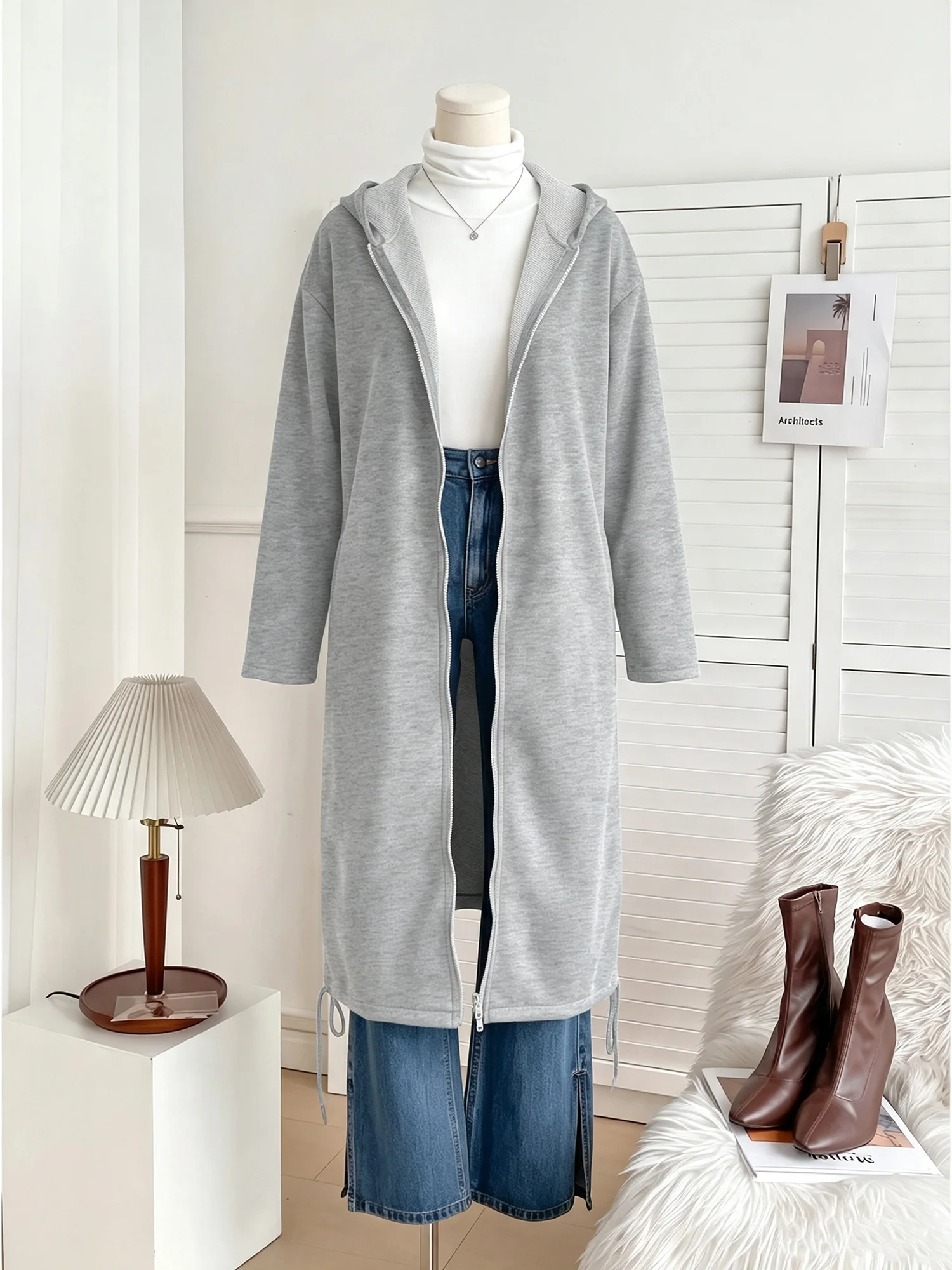 Women Long Hooded Zip Up Trench Coat, Relaxed Fit Sweatshirt Outerwear for Office Daily Commute
