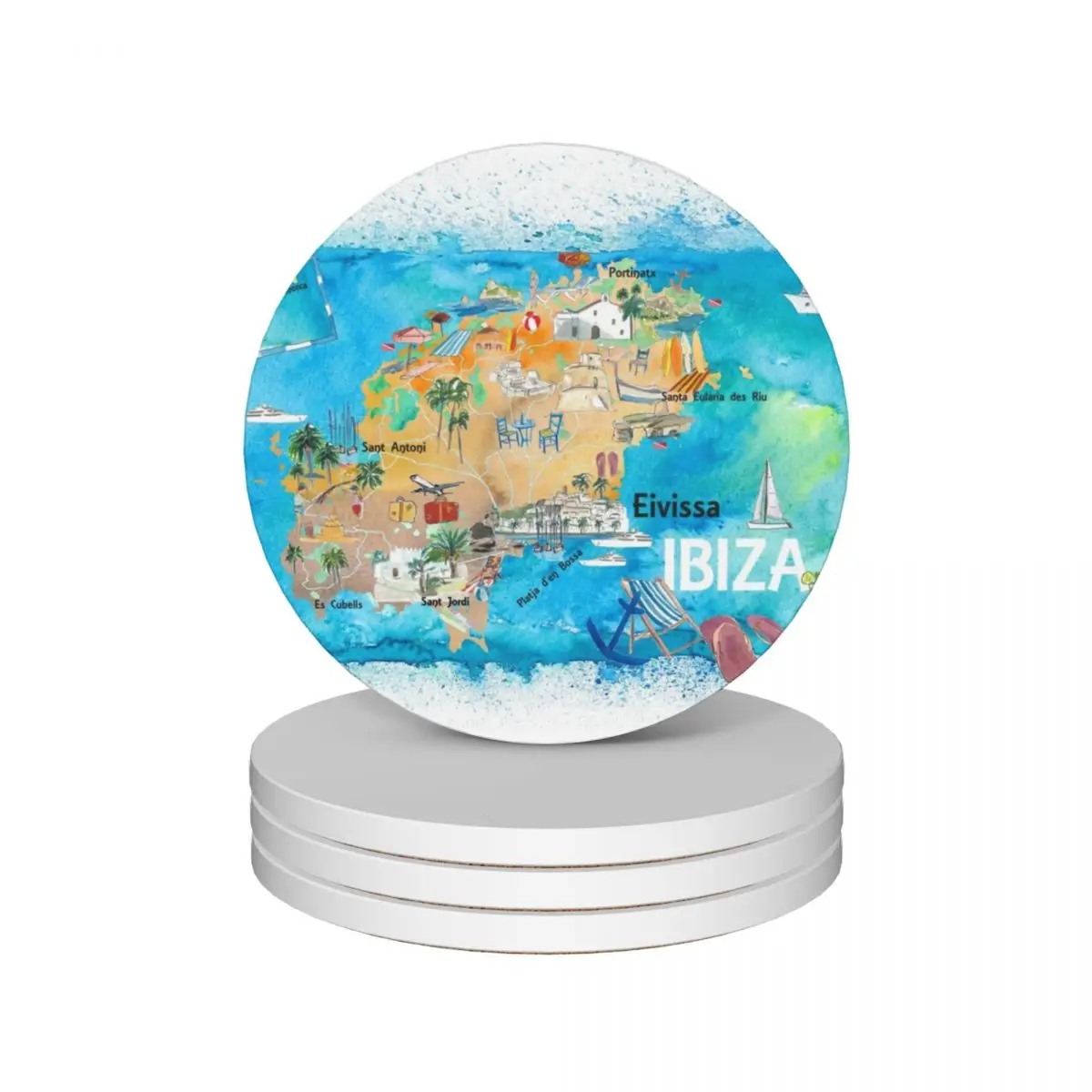 

Ibiza Spain Illustrated Map with Landmarks and Highlights Ceramic Coasters (Set of 4) anti slip coffee Coasters