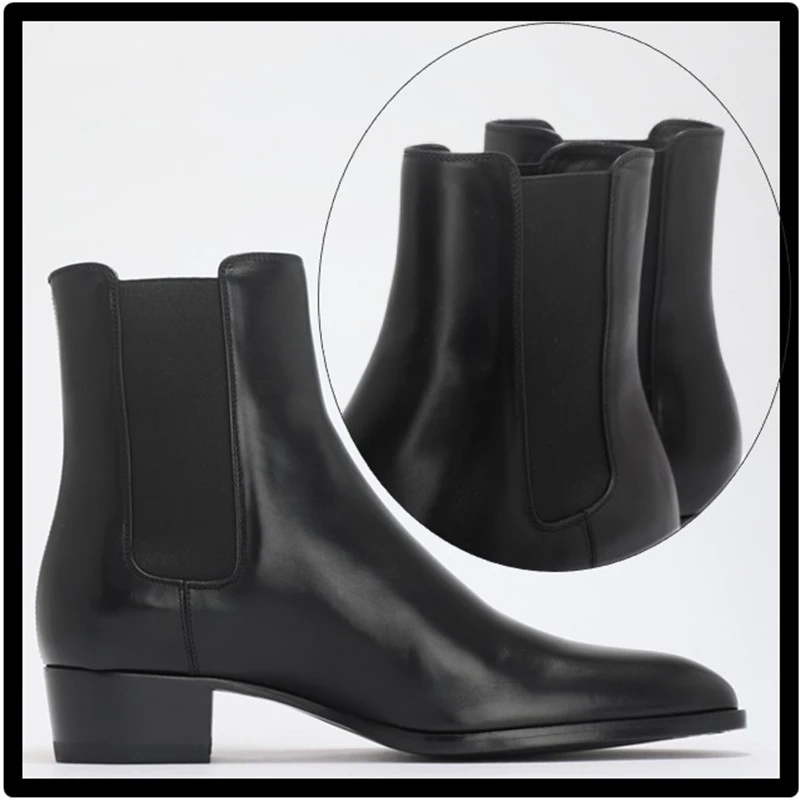 New Black Chelsea Boots for Men Low Heels Band Shoes Square Toe Slip-On Business Men Ankle Boots Genuine Leather Botas De Hombre