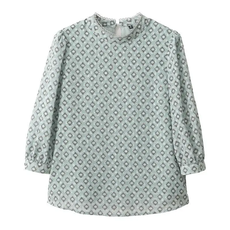 Camisa de gasa a cuadros de diamantes para mujer, Top elegante con encaje y cuello levantado, manga 2023, primavera y otoño, 3/4