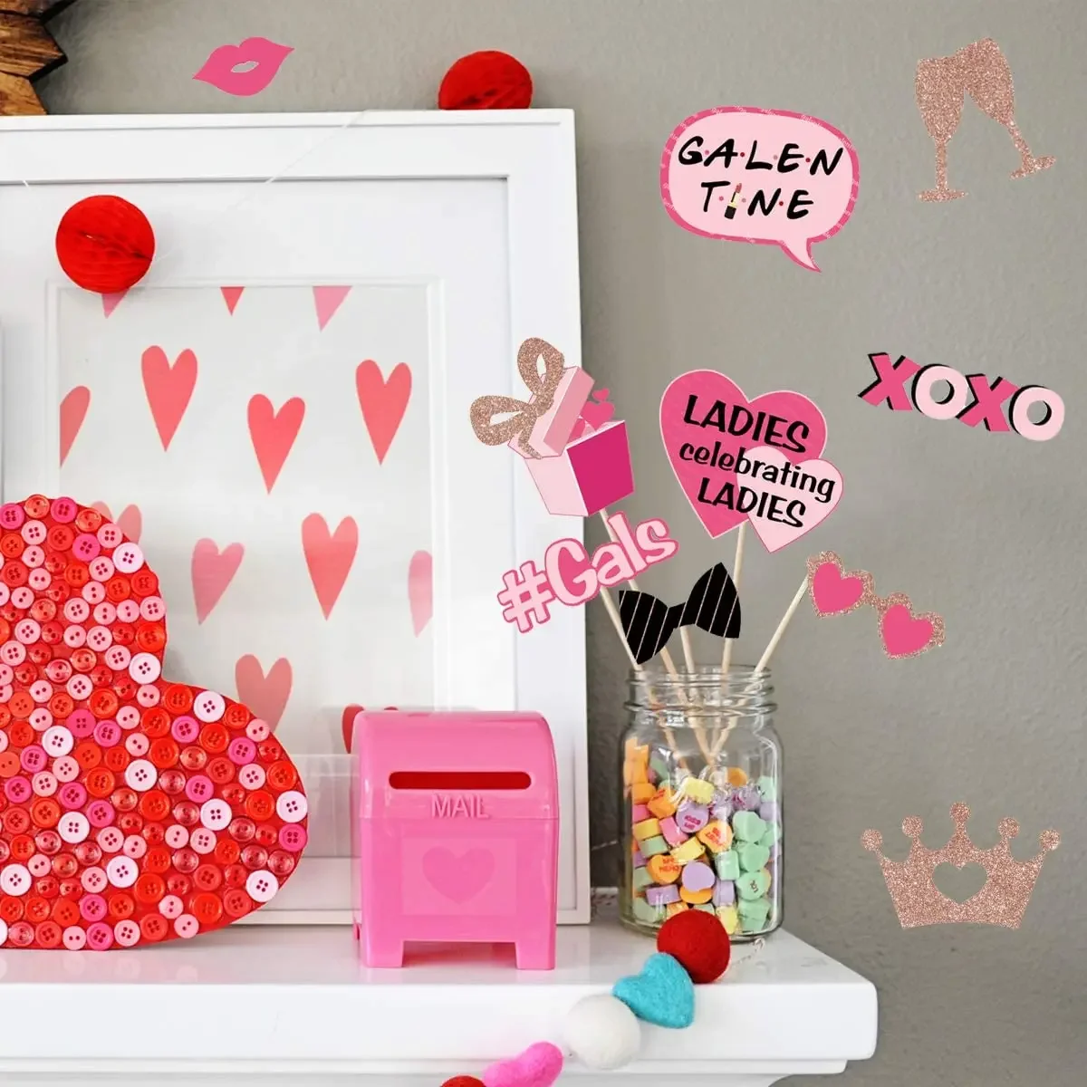 Photo Booth Props for Galentines and Valentines Day, Party Decor Supplies, Centerpieces for Table, Galentine's Day