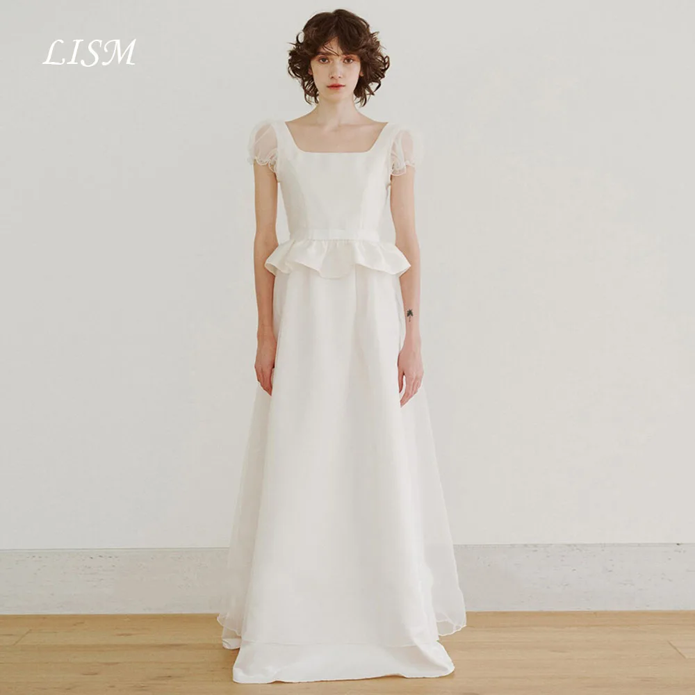 LISM Square Neck Ruched Elegant Simple Bride Dresses A-Line Puff Sleeves Ivory Wedding Dresses 웨딩드레스 Ivory Customized