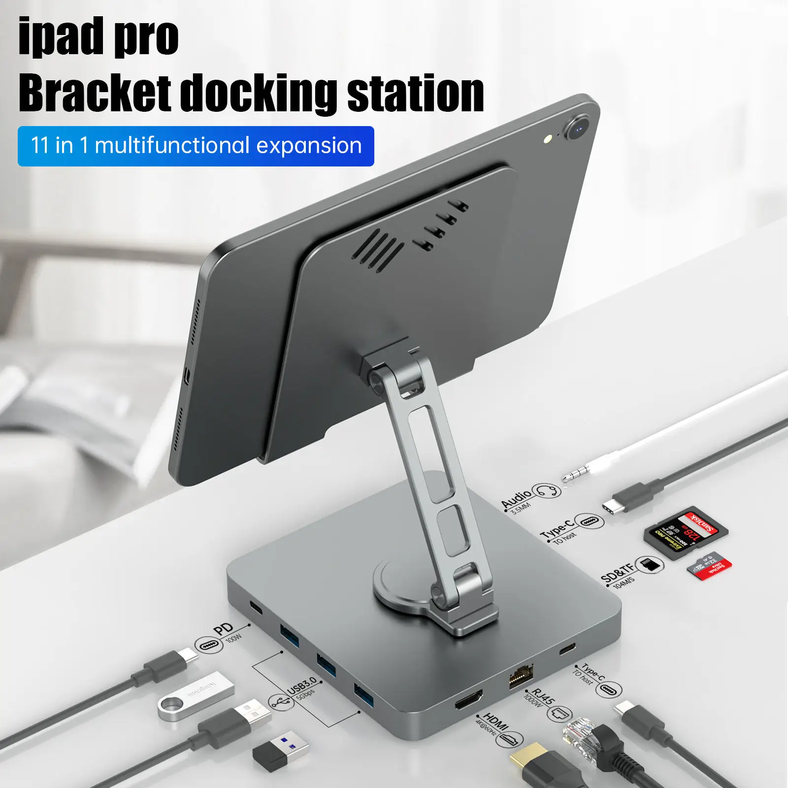 Schwerer Aluminium-Laptopst änder mit USB-C-Hub 12 11 in 1 USB-C-Hub-Tablet-Ständer halter für Surface Pro Samsung Galaxy iPad Air Pro